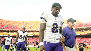 Sep 28, 2025; Kansas City, Missouri, USA; Baltimore Ravens quarterback Lamar Jackson (8) leaves the field after a game against the Kansas City Chiefs at GEHA Field at Arrowhead Stadium. Mandatory Credit: Jay Biggerstaff-Imagn Images
