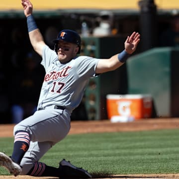 Sep 8, 2024; Oakland, California, USA; Detroit Tigers third baseman Jace Jung slides safely home.