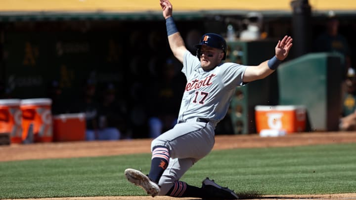 Sep 8, 2024; Oakland, California, USA; Detroit Tigers third baseman Jace Jung slides safely home.