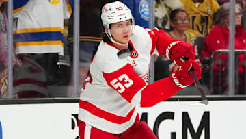 Mar 22, 2025; Las Vegas, Nevada, USA; Detroit Red Wings defenseman Moritz Seider (53) warms up before a game against the Vegas Golden Knights at T-Mobile Arena. Mandatory Credit: Stephen R. Sylvanie-Imagn Images