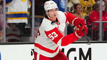Mar 22, 2025; Las Vegas, Nevada, USA; Detroit Red Wings defenseman Moritz Seider (53) warms up before a game against the Vegas Golden Knights at T-Mobile Arena. Mandatory Credit: Stephen R. Sylvanie-Imagn Images