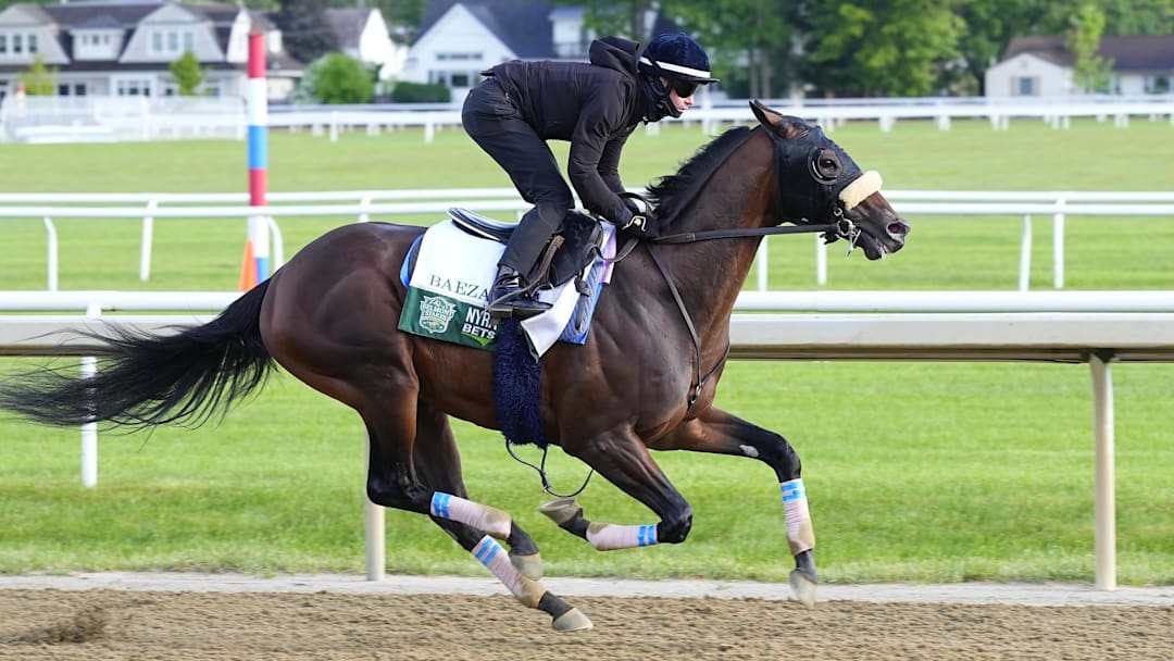 Jun 2, 2025; Saratoga, NY, USA; Baeza trains on the Oklahoma Track in Saratoga Race Course. 