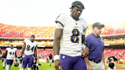 Sep 28, 2025; Kansas City, Missouri, USA; Baltimore Ravens quarterback Lamar Jackson (8) leaves the field after a game against the Kansas City Chiefs at GEHA Field at Arrowhead Stadium. Mandatory Credit: Jay Biggerstaff-Imagn Images