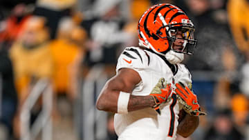 Cincinnati Bengals wide receiver Ja'Marr Chase celebrates a touchdown catch in the first quarter of the NFL Week 18 game between the Pittsburgh Steelers and the Cincinnati Bengals at Acrisure Stadium in Pittsburgh.