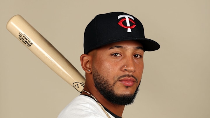 Minnesota Twins center fielder Emmanuel Rodriguez (90) poses for a photo during photo day at Hammond Stadium in Lee County, Fla., on Feb. 22, 2024.