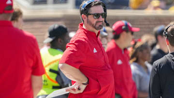 Sep 13, 2025; Columbia, Missouri, USA; The Louisiana-Lafayette Ragin Cajuns head coach Michael Desormeaux watches play against the Missouri Tigers during the first half of the game at Faurot Field at Memorial Stadium. Mandatory Credit: Denny Medley-Imagn Images