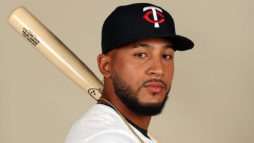 Feb 22, 2024; Lee County, FL, USA;  Minnesota Twins center fielder Emmanuel Rodriguez (90) poses for a photo during photo day at Hammond Stadium.