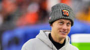 Injured Cincinnati Bengals quarterback Joe Burrow (9) walks the sideline in the fourth quarter of the NFL Week 12 game between the Cincinnati Bengals and the Pittsburgh Steelers at Paycor Stadium in Cincinnati on Sunday, Nov. 26, 2023. The Steelers took a 16-10 win over the Bengals in Cincinnati.