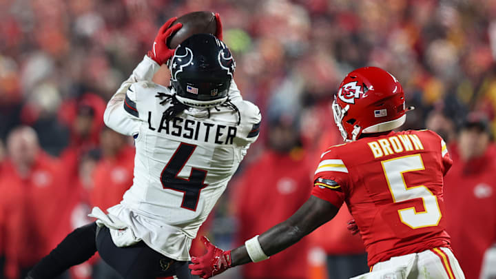 Kamari Lassiter intercepts a Patrick Mahomes pass intended for Hollywood Brown in the Houston Texans' 20-10 win over the Kansas City Chiefs