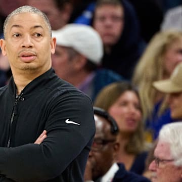 Apr 13, 2025; San Francisco, California, USA; LA Clippers head coach Tyronn Lue looks on against the Golden State Warriors during the first quarter at Chase Center. Mandatory Credit: Robert Edwards-Imagn Images