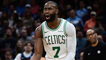 Nov 30, 2025; Cleveland, Ohio, USA; Boston Celtics guard Jaylen Brown (7) reacts after fouling Cleveland Cavaliers guard Donovan Mitchell (45) during the second half at Rocket Arena. Mandatory Credit: David Dermer-Imagn Images