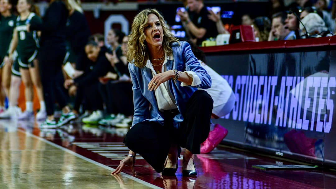 Oklahoma coach Jennie Baranczyk  reacts during the Sooners' second-round NCAA Tournament game against Michigan State on Sunday, March 22 2026.