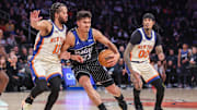 Dec 7, 2025; New York, New York, USA;  Orlando Magic forward Tristan da Silva (23) looks to drive past New York Knicks guard Jalen Brunson (11) in the fourth quarter at Madison Square Garden. Mandatory Credit: Wendell Cruz-Imagn Images