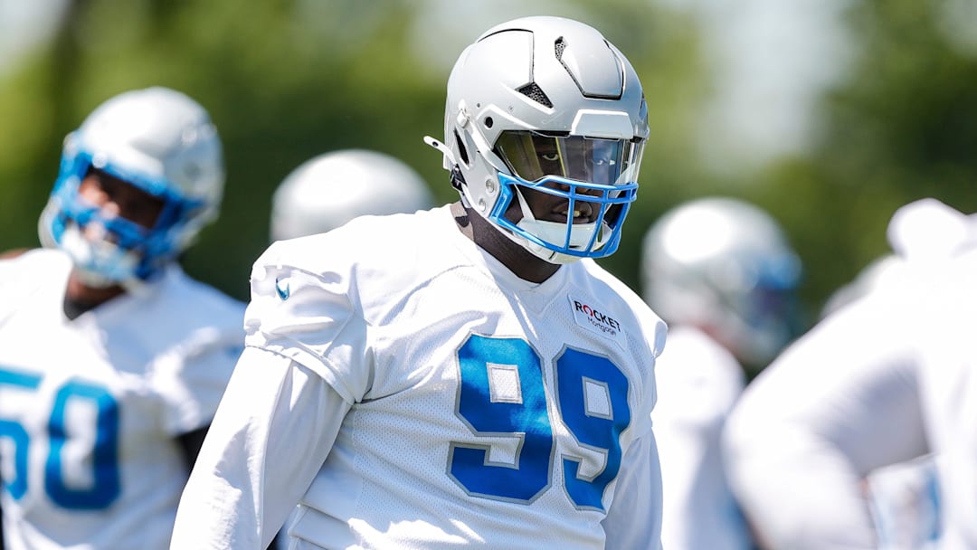 Detroit Lions defensive tackle Brodric Martin (99) practices during OTAs at Detroit Lions headquarters and practice facility in Allen Park on Tuesday, June 11, 2024.