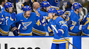 Apr 5, 2025; St. Louis, Missouri, USA;  St. Louis Blues center Zack Bolduc (76) is congratulated by right wing defenseman Ryan Suter (22) and defenseman Philip Broberg (6) after scoring against the Colorado Avalanche during the first period at Enterprise Center. Mandatory Credit: Jeff Curry-Imagn Images