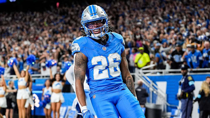 Detroit Lions running back Jahmyr Gibbs (26) runs for a touchdown against Tennessee Titans during the first half at Ford Field in Detroit on Sunday, Oct. 27, 2024. Detroit Lions running back Jahmyr Gibbs (26) runs for a touchdown against Tennessee Titans during the first half at Ford Field in Detroit on Sunday, Oct. 27, 2024.