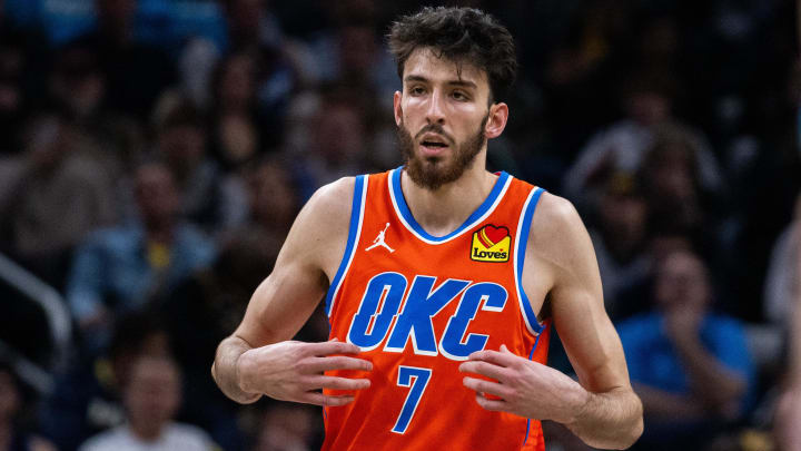 Apr 5, 2024; Indianapolis, Indiana, USA; Oklahoma City Thunder forward Chet Holmgren (7) in the second half against the Indiana Pacers at Gainbridge Fieldhouse. Mandatory Credit: Trevor Ruszkowski-USA TODAY Sports