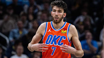 Apr 5, 2024; Indianapolis, Indiana, USA; Oklahoma City Thunder forward Chet Holmgren (7) in the second half against the Indiana Pacers at Gainbridge Fieldhouse. Mandatory Credit: Trevor Ruszkowski-Imagn Images