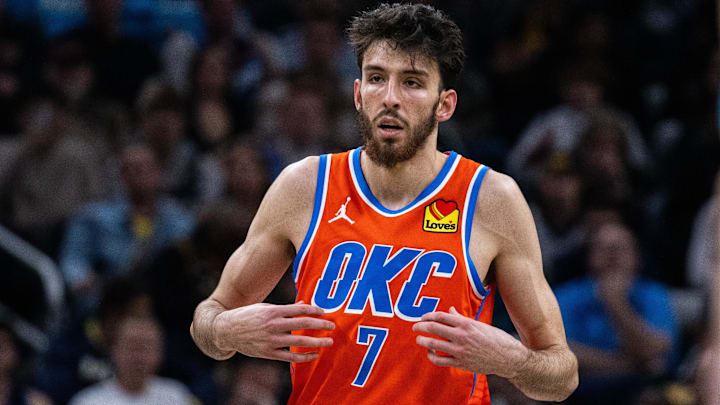 Apr 5, 2024; Indianapolis, Indiana, USA; Oklahoma City Thunder forward Chet Holmgren (7) in the second half against the Indiana Pacers at Gainbridge Fieldhouse. Mandatory Credit: Trevor Ruszkowski-Imagn Images