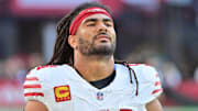 Jan 5, 2025; Glendale, Arizona, USA; San Francisco 49ers linebacker Fred Warner (54) looks on in the first half against the Arizona Cardinals at State Farm Stadium. Mandatory Credit: Matt Kartozian-Imagn Images