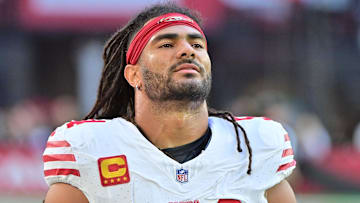 Jan 5, 2025; Glendale, Arizona, USA; San Francisco 49ers linebacker Fred Warner (54) looks on in the first half against the Arizona Cardinals at State Farm Stadium. Mandatory Credit: Matt Kartozian-Imagn Images