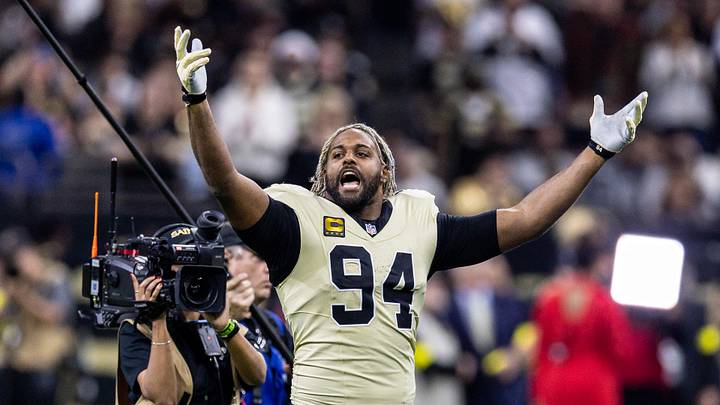 Dec 21, 2025; New Orleans, Louisiana, USA;  New Orleans Saints defensive end Cameron Jordan (94) during the run outs before the game against the New York Jets at Caesars Superdome. Mandatory Credit: Stephen Lew-Imagn Images