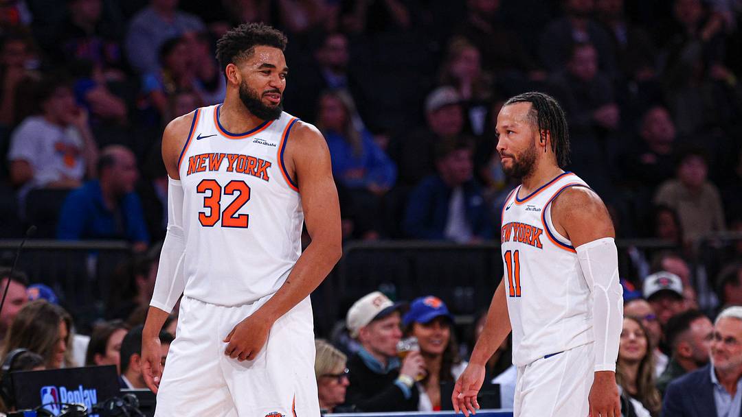 Oct 15, 2026; New York, New York, USA; New York Knicks center Karl-Anthony Towns (32) talks with point guard Jalen Brunson (11) during the second half against the Toronto Raptors at Madison Square Garden. Mandatory Credit: Vincent Carchietta-Imagn Images Oct 15, 2026; New York, New York, USA; New York Knicks center Karl-Anthony Towns (32) talks with point guard Jalen Brunson (11) during the second half against the Toronto Raptors at Madison Square Garden. Mandatory Credit: Vincent Carchietta-Imagn Images