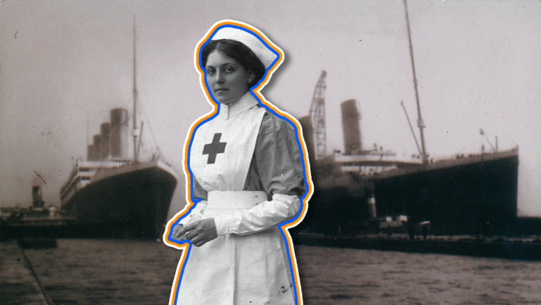 A photo illustration of Violet Jessop in front of the Olympic (left) and Titanic (right); she survived the wrecks of both ships—and the Britannic. A photo illustration of Violet Jessop in front of the Olympic (left) and Titanic (right); she survived the wrecks of both ships—and the Britannic.