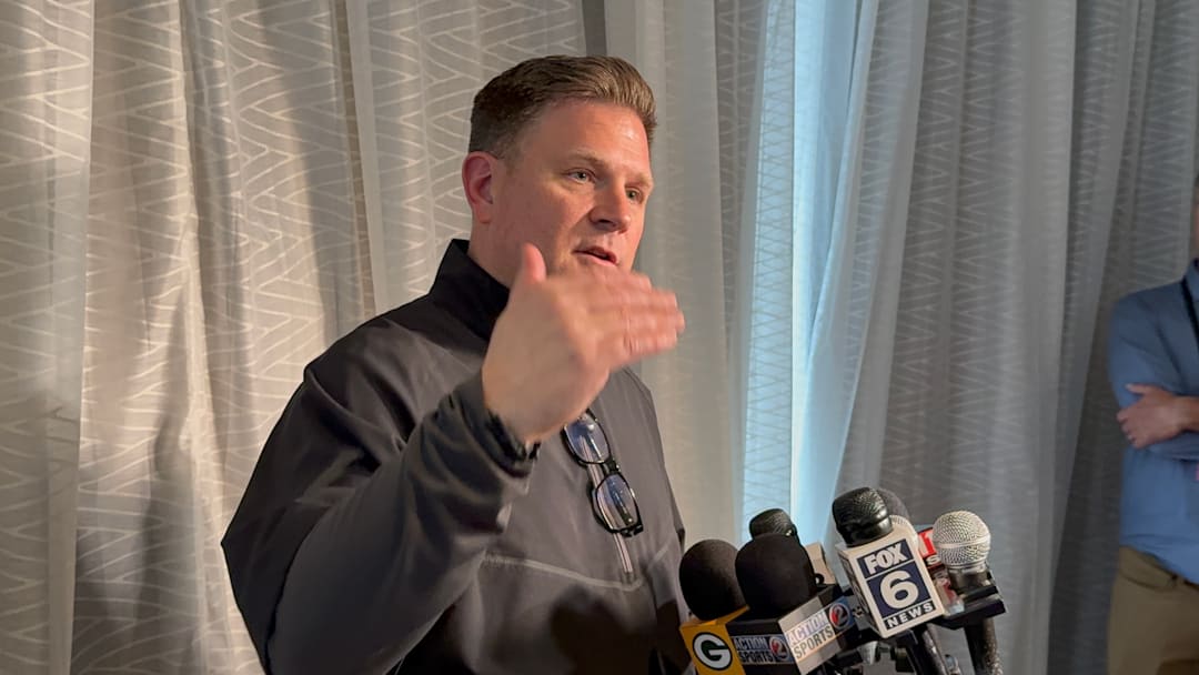 Green Bay Packers GM Brian Gutekunst talks to reporters at the Scouting Combine.
