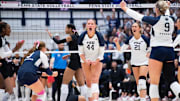 Penn State's Maggie Mendelson (44) celebrates a kill in the second set of a Big Ten volleyball match against Nebraska at Rec Hall. 
