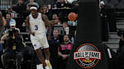 Nov 3, 2025; Las Vegas, Nevada, USA; BYU Cougars forward AJ Dybantsa (3) reacts after scoring against the Villanova Wildcats during the second half of the Hall of Fame Series game at T-Mobile Arena. Mandatory Credit: Candice Ward-Imagn Images