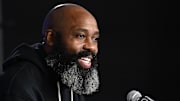 Jan 11, 2024; Paris, FRANCE; Then-Brooklyn Nets head coach Jacque Vaughn speaks at a press conference before a NBA Game between the Brooklyn Nets and the Cleveland Cavaliers at AccorHotels Arena. Mandatory Credit:  Alexis Reau/Presse Sports via Imagn Images