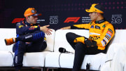 2nd placed qualifier Max Verstappen of the Netherlands and Oracle Red Bull Racing and Pole position qualifier Lando Norris of Great Britain and McLaren attend the press conference after qualifying ahead of the F1 Grand Prix of Spain at Circuit de Barcelona-Catalunya on June 22, 2024 in Barcelona, Spain. (Photo by Clive Rose/Getty Images)
