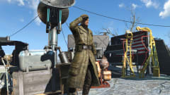 A Fallout 4 character wearing a long military coat and beret, performing a salute