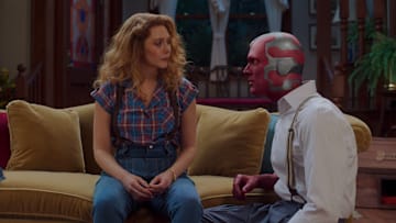 Elizabeth Olsen as Wanda Maximoff and Paul Bettany as Vision in Marvel Studios' WANDAVISION. Photo courtesy of Marvel Studios. ©Marvel Studios 2021. All Rights Reserved.