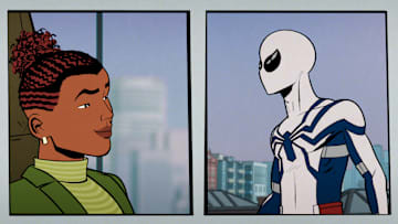 (L-R): Harry Osborn (Zeno Robinson) and Peter Parker/Spider-Man (Hudson Thames) in Marvel Animation's YOUR FRIENDLY NEIGHBORHOOD SPIDER-MAN, exclusively on Disney+. Photo courtesy of Marvel Animation. © 2025 MARVEL. All Rights Reserved.