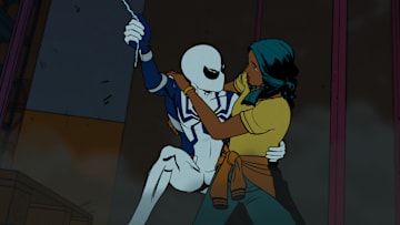 Peter Parker/Spider-Man (Hudson Thames) wearing Oscrop Next-Gen Suit and Pearl Pangan (Cathy Ang) in Marvel Animation's YOUR FRIENDLY NEIGHBORHOOD SPIDER-MAN, exclusively on Disney+. Photo courtesy of Marvel Animation. © 2025 MARVEL. All Rights Reserved.