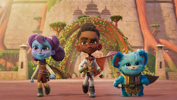 (L-R): Lys Solay (voiced by Juliet Donenfeld), Kai Brightstar (Jecobi Swain), and Nubs (voiced by Dee Bradley Baker) from "STAR WARS: YOUNG JEDI ADVENTURES (Season 2)", exclusively on Disney+ and Disney Junior. © 2024 Lucasfilm Ltd. & ™. All Rights Reserved.