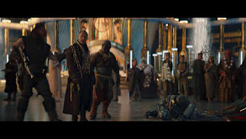 (Fourth from Left) Jod Na Nawood (Jude Law) and (Bottom Right) SM-33 (Nick Frost) In Lucasfilm’s STAR WARS: SKELETON CREW, exclusively on Disney+. Photo courtesy of Lucasfilm. ©2024 Lucasfilm Ltd. & TM. All Rights Reserved.