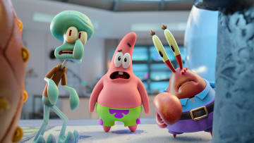 SAVING BIKINI BOTTOM: THE SANDY CHEEKS MOVIE - (L-R) Squidward (voiced by Rodger Bumpass), Patrick (voiced by Bill Fagerbakke) and Mr. Krabs (voiced by Clancy Brown). Cr: Netflix © 2024