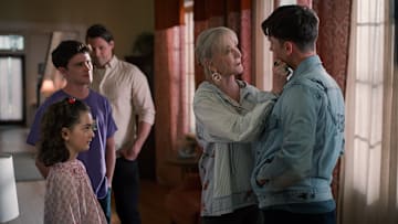 (L to R) Ella Grace Helton as Katie Townsend, Logan Allen as Kyle Townsend, Justin Bruening as Cal Maddox, Caroline Lagerfelt as Paula Vreeland, and Carson Rowland as Tyler Townsend in episode 405 of Sweet Magnolias