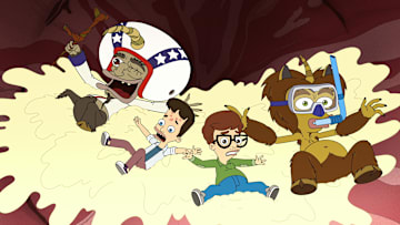 Big Mouth S8 (L to R) Nick Kroll as Rick the Hormone Monster, Nick Kroll as Nick Birch, John Mulaney as Andrew Glouberman, and Nick Kroll as Maury the Hormone Monster in Big Mouth S8. Cr. Courtesy of Netflix © 2025