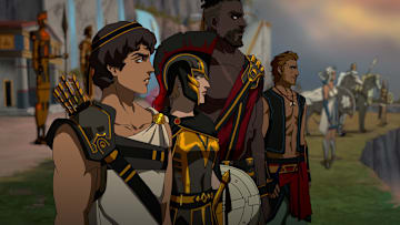 Blood of Zeus (L to R) Derek Phillips as Heron, Jessica Henwick as Alexia, Adetokumboh M’Cormack as Kofi and Chris Diamantopoulos	as Evios in Blood of Zeus. Cr. COURTESY OF NETFLIX © 2024