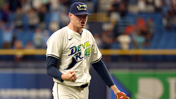 Apr 12, 2024; St. Petersburg, Florida, USA; Tampa Bay Rays pitcher Pete Fairbanks (29) celebrates after they beat the San Francisco Giants at Tropicana Field. Mandatory Credit: Kim Klement Neitzel-Imagn Images