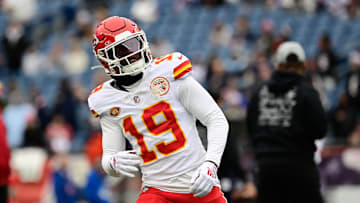 Dec 17, 2023; Foxborough, Massachusetts, USA; Kansas City Chiefs wide receiver Kadarius Toney (19) warms up before a game against the New England Patriots at Gillette Stadium. Mandatory Credit: Eric Canha-USA TODAY Sports