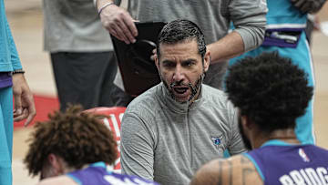 Jan 25, 2022; Toronto, Ontario, CAN; Charlotte Hornets head coach James Borrego talks to his players during a pause in play in the second half against the Toronto Raptors at Scotiabank Arena. Mandatory Credit: John E. Sokolowski-Imagn Images