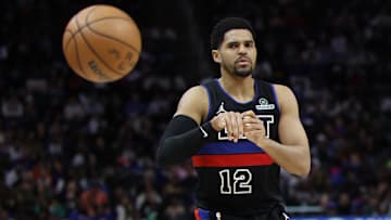 Mar 13, 2025; Detroit, Michigan, USA;  Detroit Pistons forward Tobias Harris (12) passes in the second half against the Washington Wizards at Little Caesars Arena. Mandatory Credit: Rick Osentoski-Imagn Images
