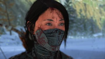 Atsu's face is blood spattered and she wears a mask in Ghost of Yotei