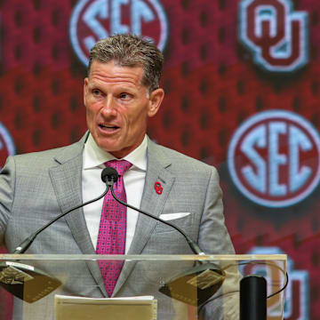 Jul 16, 2025; Atlanta, GA, USA; Oklahoma Sooners head coach Brent Venables talks to the media during the SEC Media Days at Omni Atlanta Hotel. Mandatory Credit: Jordan Godfree-Imagn Images