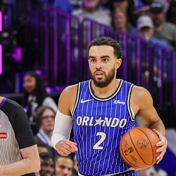 Oct 24, 2025; Orlando, Florida, USA; Orlando Magic guard Tyus Jones (2) brings the ball up court during the second half against the Atlanta Hawks at Kia Center. Mandatory Credit: Mike Watters-Imagn Images